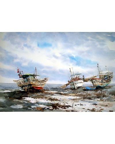 ציור שמן שלוש סירות דייגים צבעוניות
